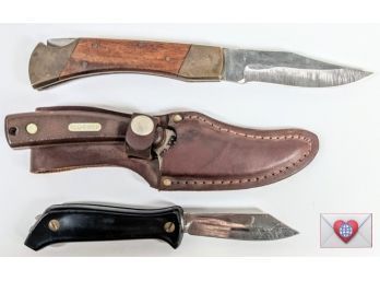 3 Vintage Knives - 2 Flip Knives By Normark And Unmarked And A Hook Knife By Schrade