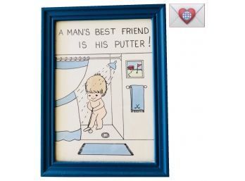 Adorable 'A Mans Best Friend Is His Putter' Small Whimsical Framed Vintage Golf Art