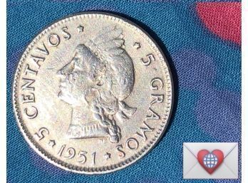 Coin Collectors ~ 1951 Dominican Republic 5 Centavos ~ Frick Estate Provenance {World Coin Z}