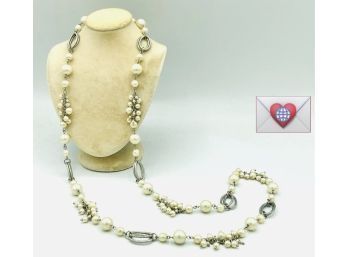 Elegant X-Tra Long Silver And Pearls Opera Length 'T' Necklace