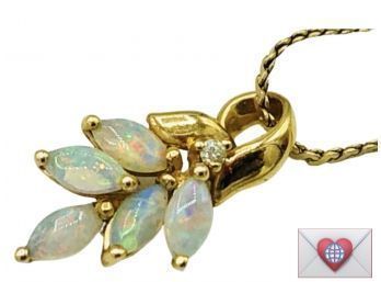 So Pretty ~ Solid 14K Gold With Opals Charm On Herringbone Chain Bracelet 2.9g