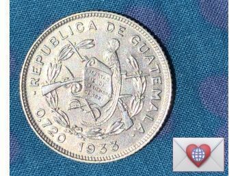 .720 Silver 1933 Republica De Guatemala 10 Centavos ~ Frick Estate Provenance {World Coin ZZ}