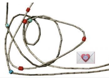 2 Cool 1970s Patinated Hippie Liquid Silver Minimalist Necklaces With Coral And Turquoise