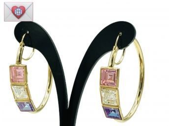 Solid 14K Gold Geometric Multi-Colored CZs Tubular Hoop Pierced Hoop Earrings