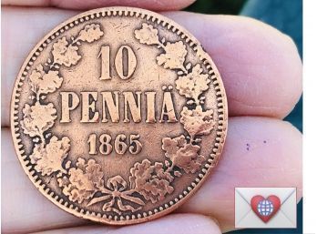 Coin Collectors ~ 1865 Finland Large 10 Penni Aleksandr II ~ Frick Estate Provenance {World Coin A-15}