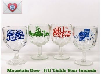 Litho Printed Vintage Coke Pepsi Mt. Dew Pabst Beer 4 Large Glass Goblets