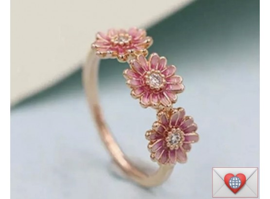 Pink Ombre 3 Daisies With Sparkling Rhinestones Centers Rose Gold Plated Fashion Ring Size 8