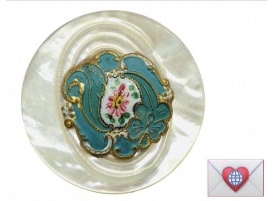 Very Vintage Floral Enamel Plaque Mother Of Pearl Button Brooch ~ Romantic!