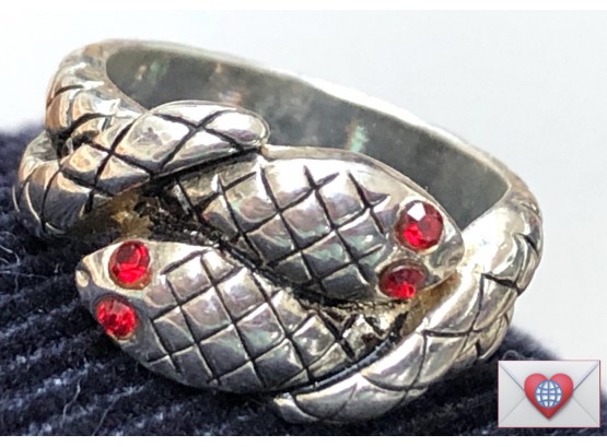 FABS! Well Depicted Love-Entwined Silver Snakes Ring With Ruby Red Eyes ~ Size 6.5