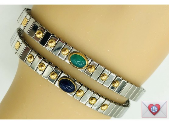 Classy Pair Of NOMINATION Stainless Steel Bracelets Emerald Sapphire Cabochons In Gold Bezels