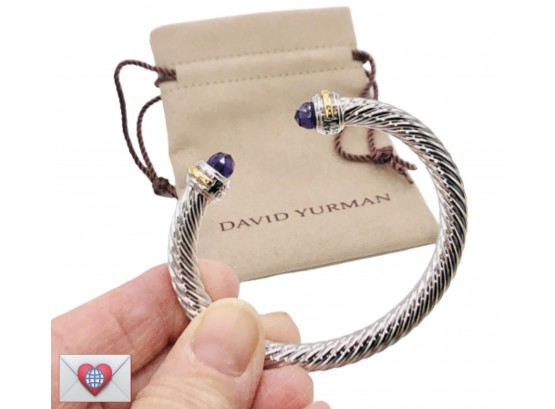 David Yurman Sterling Silver 14K Gold Amythist Cable Cuff Bangle Bracelet ~ Brand New In Box