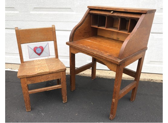 Rare Childs Antique Old Oak Roll-Top School Desk Eastman Line Children's Furniture
