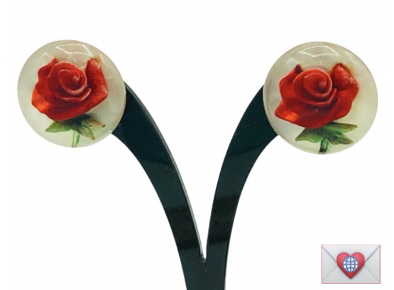 Blood Red Love Rose Vintage Lucite Domes Screwback Earrings