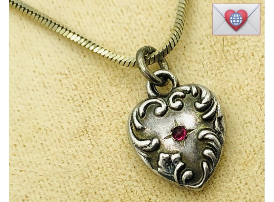 Antique Victorian Sterling Ruby Puffy Heart Inscribed Necklace On Snake Chain