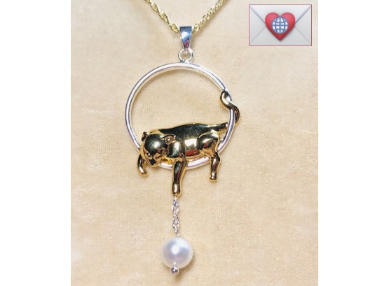 Languid Cat Playing With Dangling Pearl Duo-tone Necklace