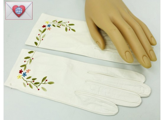 Unspeakably Fine White Kid Leather Gloves Exquisite Stitching Colorful Floral Embroidery ~ Size 6.5 ~ MINT!