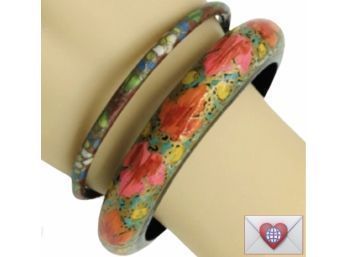 Great For Spring ~ Hand Painted Wood And Cloisonne Bangle Bracelets