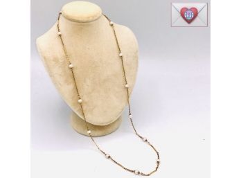 Solid 14K Gold And Pearls 24'Long Estate Art Deco Necklace 8.8g