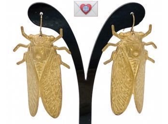 Large Lightweight Pressed Brass Cicada Pierced Earrings ~ Egyptian Revival