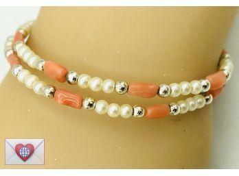 Springy Summery Coral And Pearls Bracelet
