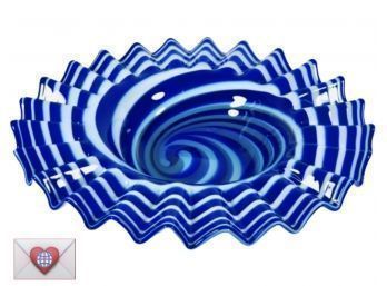 Huge Show Stopping Handblown Wavy Blue And White Swirl Art Glass Bowl 14'