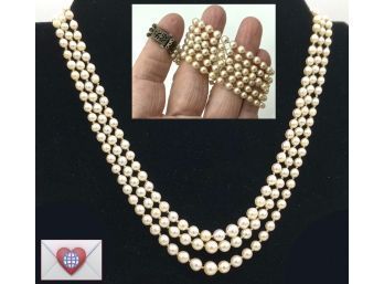 Beautiful Sterling Clasp ~ Simple Pretty 3-Strand Vintage Pearls
