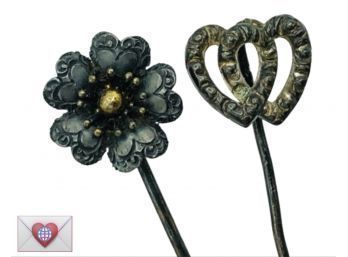 Very Antique Edwardian Era Sterling Silver Stickpins Hearts And A Flower ~ Frick Provenance