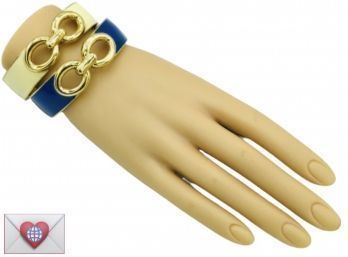 Sophisticated Pair Ivory Navy Enamel Gold Tone Modern Clamper Bracelets ~ MINT