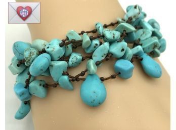 Multi-Strand Turquoise Beads On Brown Cord BoHo Bracelet