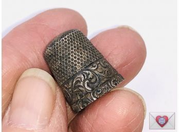 Sweet Old Well Patinated Vintage Sterling Silver Size 10 Engraved Sewing Thimble