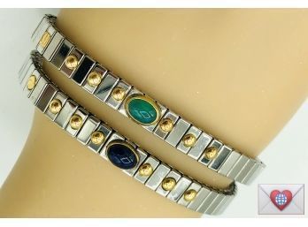 Classy Pair Of NOMINATION Stainless Steel Bracelets Emerald Sapphire Cabochons In Gold Bezels