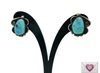 Vibrant Natural Turquoise Navaho Sterling Silver Clip On Earrings