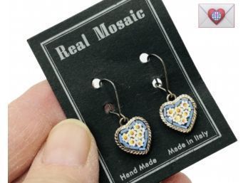 Daisies Tesserae Tiles Micro Mosaic Heart Pierced Earrings