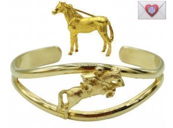 Bright Gold Dressage Horse Bracelet Cuff And Brooch/Pin MINT!