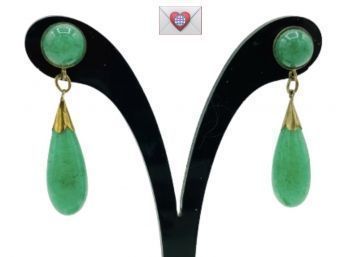 Gorgeous Imperial Green Jade 14K Teardrop Pierced Earrings