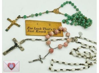 3 Vintage Rosaries ~ Natural Pink Stone, Jadeite Glass And Shell Beads