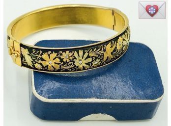 Peace Doves And Flowers Reverse Carved Spanish Damascene Gold And Black Hinged Bangle Bracelet
