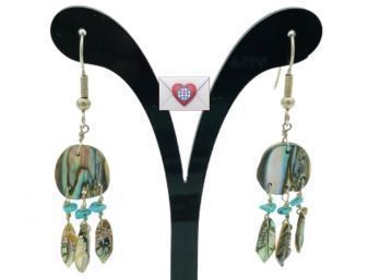 Natural Turquoise And Abalone Native American Dangle Pierced Earrings