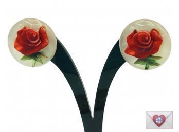 Blood Red Love Rose Vintage Lucite Domes Screwback Earrings