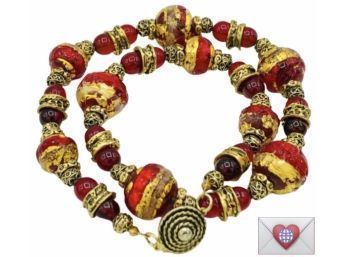 Stunning Blood Red Gold Foil Art Glass Wedding Cake Beads Necklace ~ 18'