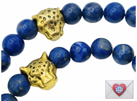 Pair Matching Lapis Lazuli And Leopard Heads Gold Tone Beads Stretch Bracelets
