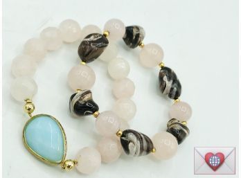 2 Natural Rose Quartz And Art Glass Stretchy Bracelets With Gold Tone Beads