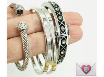 Four Bright Silver Crystals And Black Enamel Bangle Bracelets