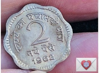 Unusual Wavy Edged 2 Naye Paise India 1962 India 2 Rupee ~ Frick Estate Provenance {World Coin A-6}