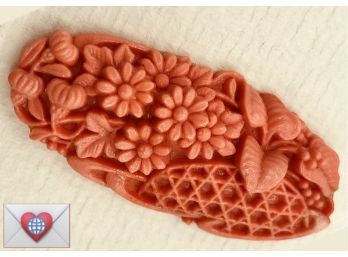Well-Carved Faux Coral Antique Button Brooch ~ Sharol R. Stewart Images
