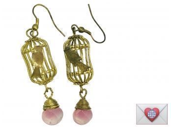 A Caged Bird Sings Goldtone Dangle Fish Hook Pierced Earrings With Pink Drops ~ Very Summery