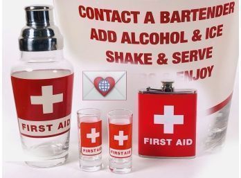 Emergency Alcohol Delivery Vintage Bariana Litho Printed Red Cross Beaker Hip Glask And Shot Glasses