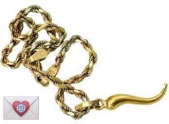 Solid 18K Yellow Italian Gold Horn Of Luck Charm On Solid 14 Karat Tri-colored Chain Bracelet 6.5g