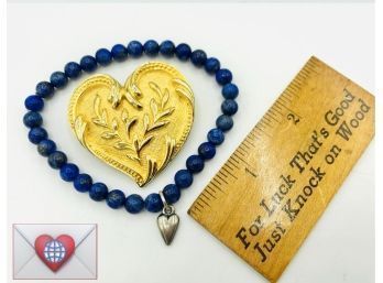 Natural Lapis Lazuli Beads Stretchy Bracelet With Heart Charm And Gold Tone Heart Brooch