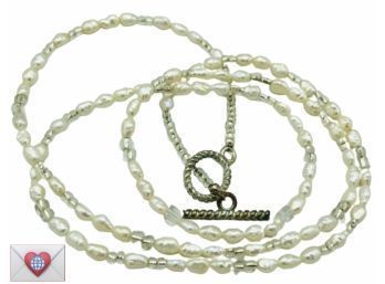 30' Rice Pearls And Glass Beads Silver Tone Toggle Necklace